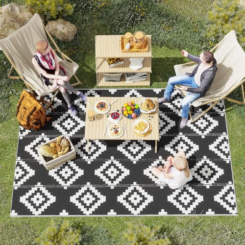 Outsunny Tapis extérieur Réversible 2 Motifs 2,74L x 1,82l m Noir Blanc | Style Graphique, PP Haute Densité 310 g/m²