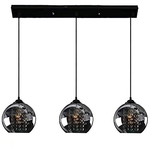 SAIVITT Kristall Esstisch Lampe Pendelleuchte Kronleuchter Höhenverstellbar Modern Rechteck Design LED E27 Esszimmer Hängelampe 3-Flammig Schwarz Glas Kugel Schirm Küche Wohnzimmer Leuchte, D50cm