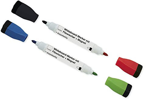TimeTEX - Set Whiteboard-Marker Doppelspitze mit Filzwischer + Magnet - 2-tlg. - enthält die Farben rot + blau + grün + schwarz - 92212