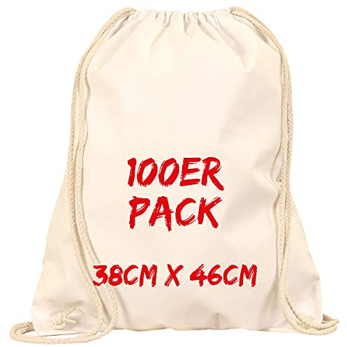 TEXXILLA Turnbeutel - 100er Pack | Natur | mit robusten Zugbändern | 38x46cm | Jutebeutel | Einkaufstasche | unbedruckt