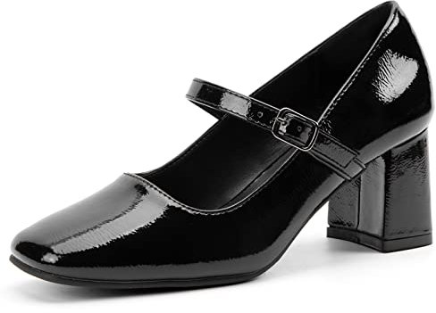 Greatonu Womens Chunky Low Block Heels Mary Jane Shoes Faux Patent Leather Ankle Strap Square Toe Retro Court Shoes Office Party Wedding Dress Shoes Beige Size 14