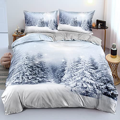 DXHOME Bettwäsche 155x220 3 teilig Weiß Hellblau Winter Weihnachtsmotiv Schnee 3D Print Wendebettwäsche Weich Mikrofaser Bettwäsche für Kinder Mädchen mit Reißverschluss und 2 Kissenbezüge 80x80 cm