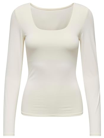 ONLY Women's Onlea L/S Deep Neck Top JRS Longsleeve T-Shirt, Cloud Dancer, S