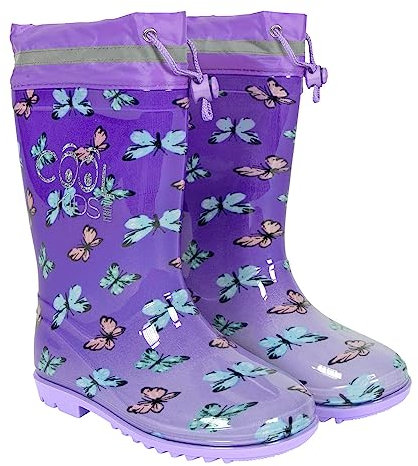 PERLETTI Stivaletti Bambina Pioggia con Farfalle Multicolore - Stivali Impermeabili Riflettenti Bimba Viola con Coulisse - Galosce per Bambine Scuola Materna Suola Antiscivolo (Farfalle, 28/29)