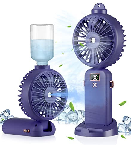 AXNSATRE Handheld Fan with Water Mist Spray 3 in 1 Mini USB Portable Fans Rechargeable, 4000mAh Powerful Hand Held Fan with 5 Speeds, Small Fan Folding, Travel Fan for Holiday, Blue USB Desk Fan