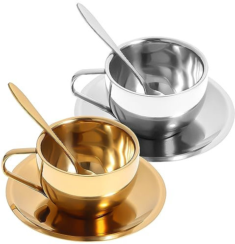 Alipis 2 Sets of Stainless Steel Tea Cups and Saucers, Metal Coffee Mugs Set with Spoon, Decorative Expresso Coffee Cups Afternoon Tea Supplies for Drinking Lovers (Gold + Silver)