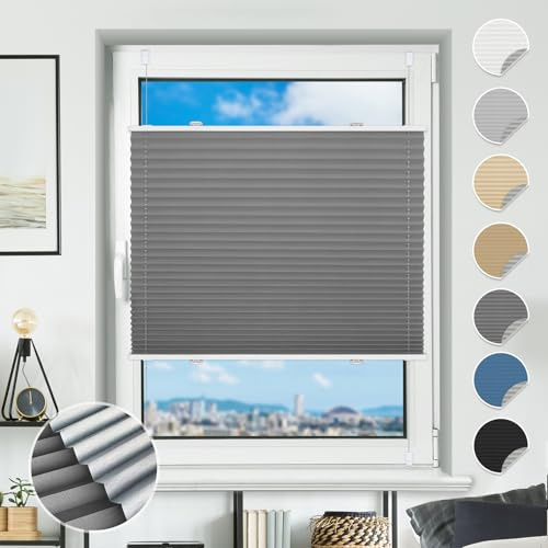 Plissee ohne Bohren Verdunkelung Plissees Klemmfix 90x220cm(BxH) Grau 100% Blickdicht Verdunklungsplissee Fensterrollo innen ohne Bohren Aluminium Rollos für Fenster & Tür