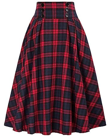 seiveini Jupe Carreaux Femme Longue Trapèze Plissée Maxi Jupes Ecossaise Taille Haute Vintage Automne Hiver A Rouge XL