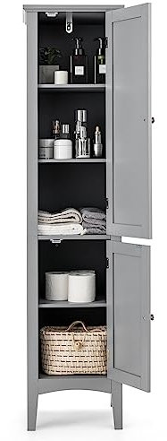COSTWAY Mobile da Bagno Alto con 2 Ante, Armadio da Terra con 5 Vani, Mobile Colonna per Bagno Cucina Soggiorno, 37 x 37 x 160 cm (Grigio)