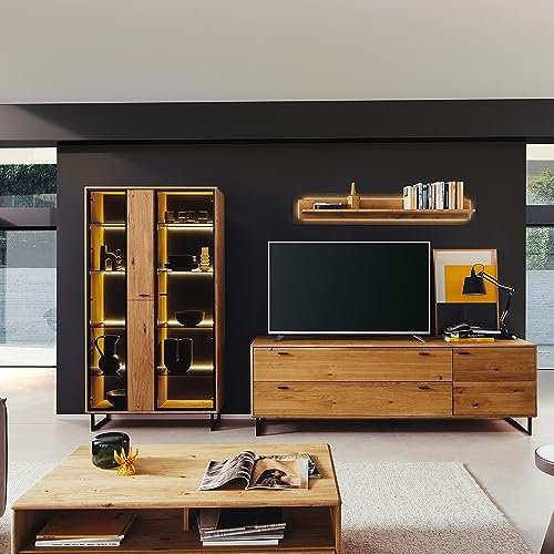 Lomadox Wohnwand Wohnzimmermöbel Set braun 4-teilig Wildeiche Teilmassiv | 1 Vitrine, 1 TV-Lowboard, 1 Wandboard, 1 Couchtisch mit Beleuchtung