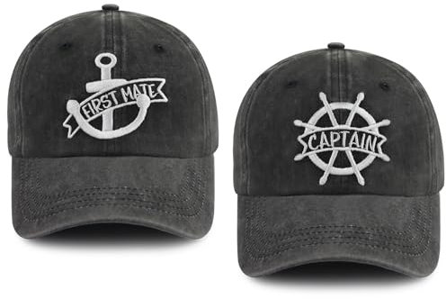 Captain- und First Mate-Hüte für Herren und Damen, lustig, verstellbar, bestickt, Baumwolle, Bootfahren, Marine, Matrosen-Baseballkappe, 2 Stück, Schwarz, Einheitsgröße