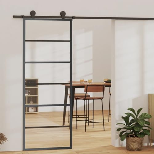 DJEKA Schiebetür Komplettset Glastür Mit Beschlag ESG-Glas & Aluminium - 76 x 205 cm - 5 Horizontale Stäbe