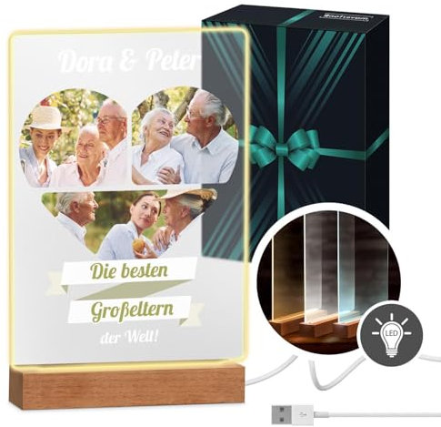 Maverton beleuchteter LED-Fotoaufsteller mit Echtholzsockel - personalisiertes LED-Acrylglas mit eigenem Foto für Paare - Glasbild zur Hochzeit zum Valentinstag - Größe: 21x32x4,5cm - Collage