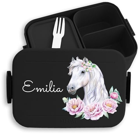 Kinder Bento Box Midi für Mepal Bentobox - Pferd Pferde - Lunchbox Pferdekopf Brotbox Pferdemädchen Geschenk Mädchen I - 900 ml - Schwarz - personalisierte brotdosen vorschulkinder geschenke