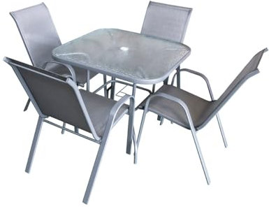 S & S Saldos y Stocks Mesa Cuadrada de Cristal Templado + 4 Sillas. Muebles de Jardin y Terraza, Gris 90x90 cm