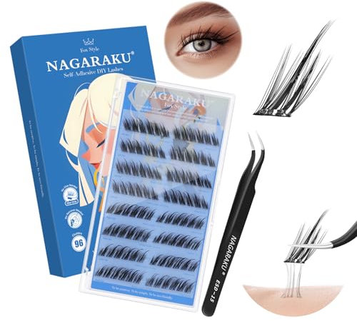 NAGARAKU Pestañas Autoadhesivas con Pinzas Kit, 96 Racimos Un Paso Presionando Sin Pegamento Ni Removedor Reutilizables Pre-Pegamento Lash Estilo Zorro con Efecto Delineador de Ojos (0,07mm C 10-13mm)