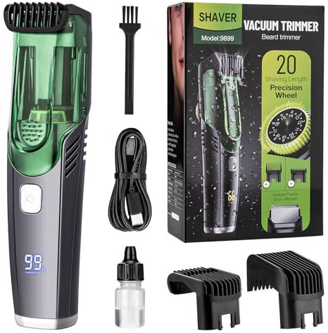Vacuum Beard Trimmer for Men with 20 Length and Styles Adjustable, Built-in Vacuum Trimmer for Mustache, Sideburns, Facial Hair, Rechargeable Mustache Trimmer