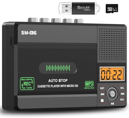 SEMIER Lecteur Cassette Portable - Convertisseur de Cassette Audio vers numérique Via USB C ou Carte SD, écran LCD, Microphone intégré, Prise Casque, Haut-Parleur, Carte SD 16 Go