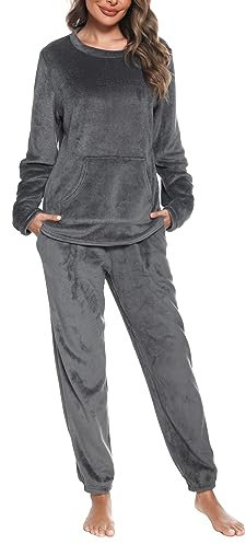 Vlazom Pigiami Due Pezzi Donna Pigiama Donna Invernale Pigiama Manica Lunga Pantaloni Pigiama Flanella Pile-G1,B-Grigio Scuro,XXL