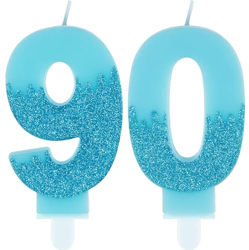 Blue 90th Birthday Candles, Blue Number 90 Candles Frozen Cake Decorations, Blue Frozen Party Candles, Glitter Blue Candle Cake Topper for Women MenBirthday Party Decor Wedding Anniversary Supplies