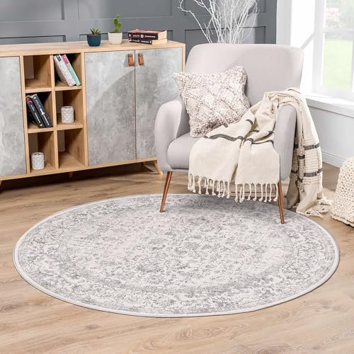 HUGEAR Grau Runde Teppich 150 cm - Eingangsbereich Kreis Küche Vintage Rutschfest Innenschlafzimmer Waschbar Distressed Floral Retro Akzent