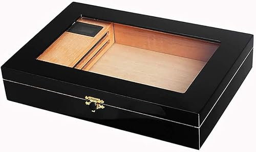 MRKU Humidor mit schwarzer Klavierlack-Optik, Zedernholz-Humidor mit Glasplatte, digitalem Hygrometer, Befeuchtung und Zubehörteiler