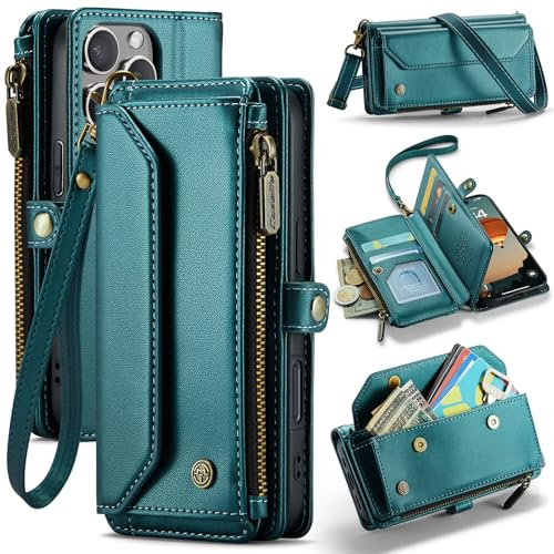 FONREST Leather Purse Bag Case for iPhone-16-Pro, Magnetic Flip Wallet Cover with Kickstand RFID Blocking Card Holders Cash Slot Zipper Pocket Crossbody Lanyard Wrist Strap (Blue-green)