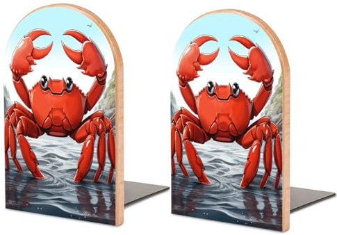 Serre-livres robustes en bois avec imprimé crabe de dessin animé, serre-livres décoratifs, serre-livres antidérapants pour étagères (1 paire)