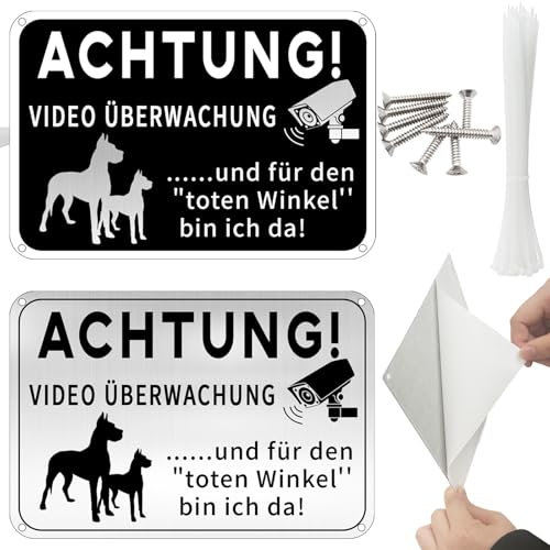 2 Stück Vorsicht Hund Schild, Freilaufender Hund Videoüberwachung Warnung Mit Kabelbindern und Schrauben, 20x15cm Aluminium Metallschild für Innen und Außen
