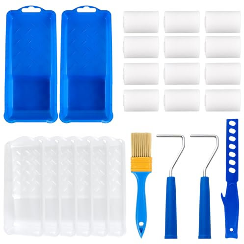 Aomaic 24Pcs Small Paint Roller and Trays Set, Includes Mini Foam Paint Roller, Roller Frames, Paint Trays, Paint Brush and Paint Stirrer for Walls Fence Narrow Places Painting and Renovation Projects