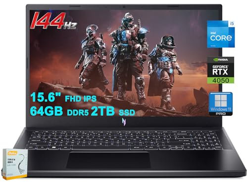 acer Nitro V 15 Gaming Laptop | 15.6 pulgadas FHD IPS 144Hz | Intel 8-core i5-13420H | 64GB DDR5 2TB SSD | GeForce RTX 4050 | USB-C Win11Pro retroiluminado con accesorio DLCA