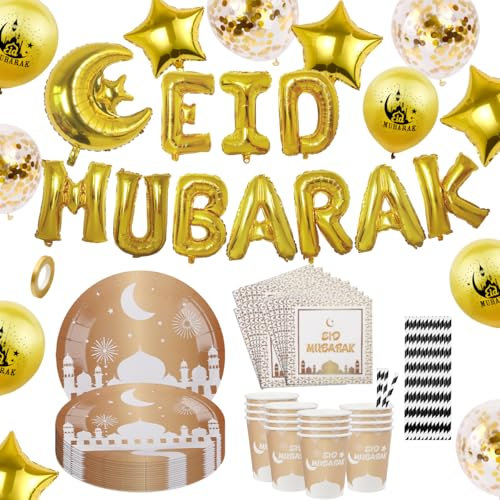 XLZJYIJ Eid Mubarak Vaisselle Jetable, Bannières, Ballons, Serviettes, Assiettes, Tasses, Pailles Dorées pour Eid Mubarak 2025