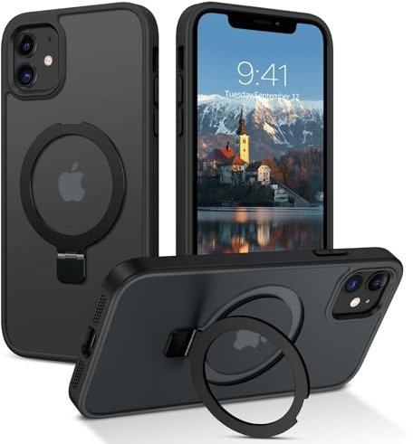 GUAGUA Magnetic for iPhone 11 Case, with Invisible Stand [Compatible with MagSafe] [Military Grade Protection] Translucent Matte Back Slim Shockproof Anti-Scratch Phone Cover, Black