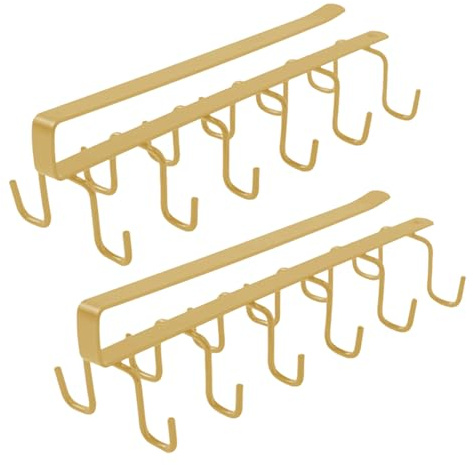 Mafagwre 2 Stück Tassenhalter Für Die Küche Mit 12 Haken, Becherhalter Unter Dem Regal, Hängendes Becherregal Für Die Küche Als Organizer Für Tassen Und Küchenutensilien (Gold)