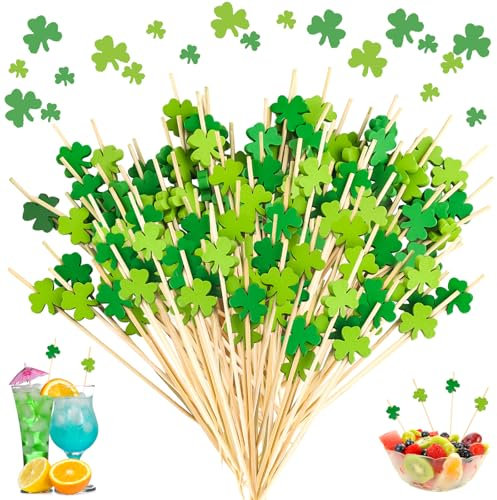 CIYIN 100 palitos Cocktail, Palillos Cocteles, 12cm Brochetas de Frutas con Patrón de Trébol, Palitos Cocktail para Fruta Aperitivos Fiestas Bebidas st Patrick's Day Decoración