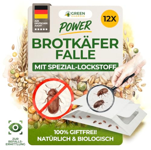 GREEN GUARDIA Brotkäfer Falle mit Spezial-Lockstoff - 12x Brotkäfer Fallen - umweltfreundlich Brotkäfer bekämpfen, Chemiefreie Falle mit starker Klebefläche, giftfrei & geruchsneutral