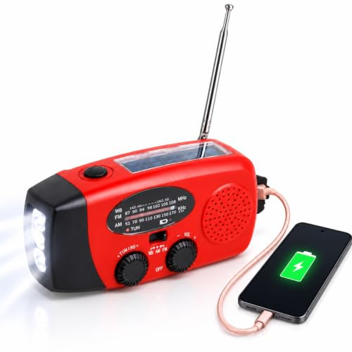 Sxhlseller Notfallradio Kurbel, Solar USB, AM/FM/NOAA, 1200mAh Powerbank | LED-Taschenlampe, Handkurbel und Solar, AM/FM/NOAA-Wetterkanäle, 1200mAh Powerbank, für Notfälle