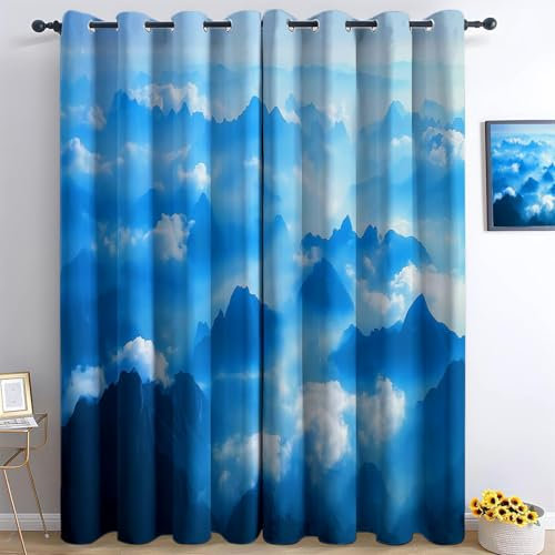 Srigzcaly Blau Blickdichte Vorhänge Für Wohnzimmer Verdunkelungsvorhänge Oriental Berg Nebel Landschaft Gardinen Mit Ösen Schallschutz Thermovorhang Für Schlafzimmer 2Er Set, 166 X 75 cm (H X B)