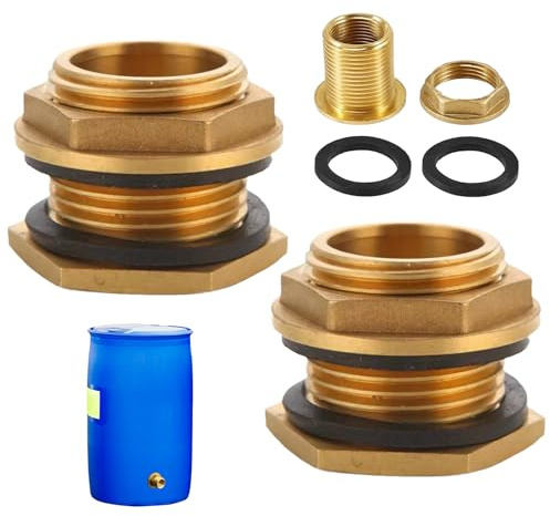 2 Stück Regentonnendurchführung, Fassdurchführung 1/2 Zoll (17mm) Innengewinde 3-Teilig Messing Tankdurchführung mit 2 Gummidichtungen für Wasserhähne Wassertonnen Wassertanks