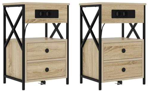 vidaXL Set of 2 Oak Sonoma Engineered Wood Bedside Tables with Black Steel Legs. They have a Charging Station and Spacious Drawer. Dimensions: 40 x 31 x 60 cm. Perfect for one