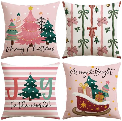 JOTOM 4er Set Weihnachten Kissenbezüge, Dekorative Wurf Kissenbezug Moderne Kissenhüllen Sofakissen Dekokissen Zierkissenbezug für Wohnzimmer Garten (50x50cm, Weihnachtsbaum | Rosa)