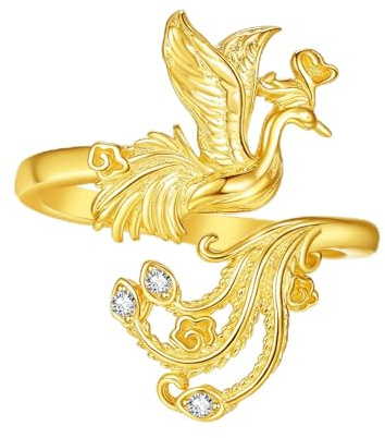 KINGWHYTE Gold Phönix Ring 925 Sterlingsilber Verstellbarer Tierring mit Zirkonia Nirvana Phönix Schmuck Federringe für Frauen Vogelschmuck Geschenk Weihnachten Geburtstag