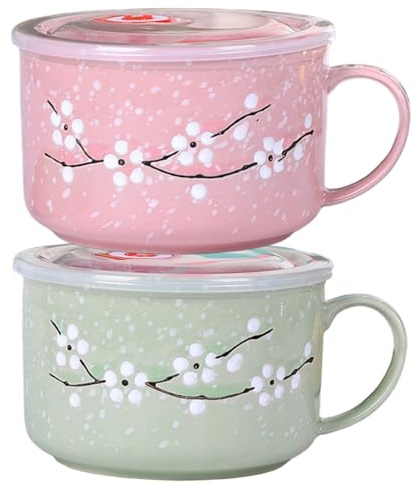 Jorzer 2Pcs Soup Bowls with Handles, 800ml/28oz Sealing Heat-Resistant Microwave Soup Mug with Lid Floral Wintersweet Ceramic Travel Mug for Ramen, Noodle, Porridge