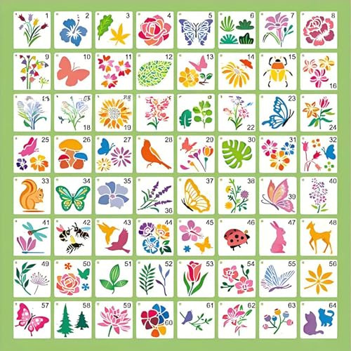 64 Pcs Stencils for Painting Animals and Plants Stencils Set 7.6CM/3inch Reusable Painting Assorted Flower Butterfly Bird Nature Templates for DIY Crafts Journal(Animals and Plants Stencils)