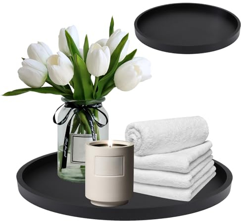 Badezimmer Tablett, Dekotablett Rund 23cm, Silikon Ablageschale für Gewebe, Kerzen, Handtuch, Kleine Kosmetik, Schminktisch Tablett Organizer Tischdeko für Wohnzimmer Esstisch Deko (schwarz)