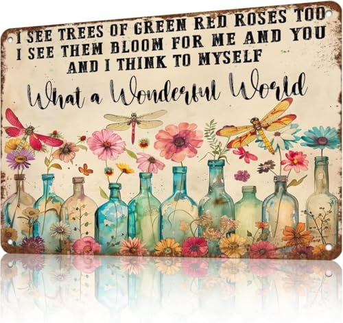 JIUFOTK „What A Wonderful World-Schild, Vintage-Metallschild mit Libelle und Blumen, Wanddekoration, lustige Gartenschilder für den Außenbereich