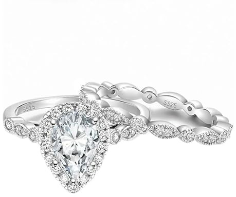 Stfery Damen-Ring aus 925er Silber, 1,5 Karat, Tropfenform, Halo-Ring, 2 Stück, Vintage-Stil, Marquis-Zirkonia, Gold, Ehering, 6 x 9 mm
