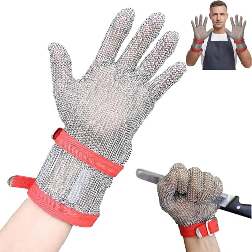 Kgfvesdc Schnittfeste Handschuhe KettensäGe,Kettenhandschuh KüChe Level 9,Hohe Anti-Schneidenferigkeit,Langlebig, Rostfrei,FüR Fleischverarbeitung,Maschinenbau, AusternöFfnen(8 cm verlängert-XS)