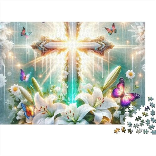 Heiliger Kreuz-Licht 1000 Teile Puzzle für Erwachsene und Kinder, Buntes leuchtendes Kreuz mit Lilien, Heimdekoration, Bildungsspiel Geschenk, Puzzle für Erwachsene, 52x38cm/1000pcs