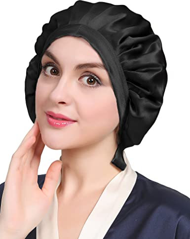 LilySilk 100% Maulbeerseide Schlafmütze rutschfest verstellbar und atmungsaktiver Kopfbedeckung Seidenhaube zum Schlafen Nachtmütze mit elastischem Band für alle Haartypen,Schwarz